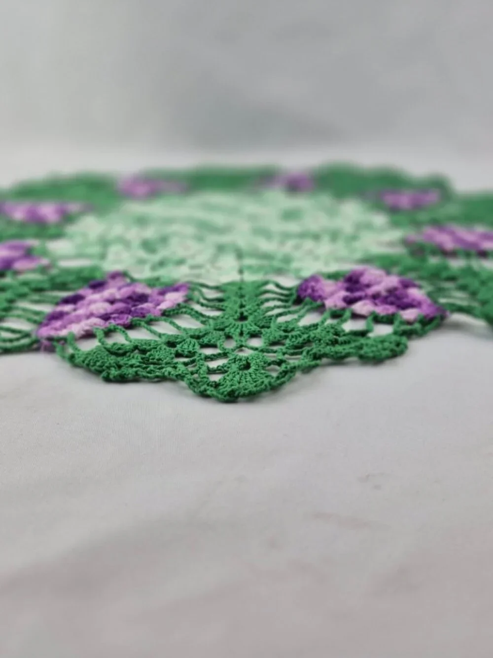 Vintage Large Crocheted Round Doily Green Leaf Raised 3D Purple Grape Clusters